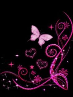 pink hearts and butterflies on a black background with stars, sparkles and swirls