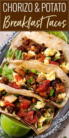 breakfast tacos with chorizo and potato are served in tortilla shells