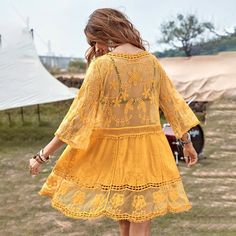 yellow lacy boho inspired chic dress 32" Cotton / Poly stretch Imported Beach Blouse, Soft Girl Outfits, Lace Dress Boho, Bathing Suit Covers, Dress Beach, Yellow Lace, Beach Wear Dresses, Swimsuit Dress, Pool Days