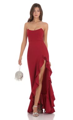 Strapless Corset Maxi Dress in Red Red Split Prom Dress, Red Split Dress For Formal Occasions, Red Split Dress For Prom, Formal Red Dress With Split, Red Elegant Maxi Dress With Split, Elegant Red Maxi Dress With Split, Elegant Red Split Dress, Red Strapless Maxi Dress For Prom, Red Strapless Dress With Corset Back