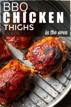 bbq chicken thighs in the oven with text overlay