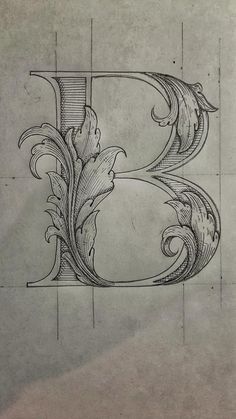 a drawing of the letter b with swirls and leaves on it's sides