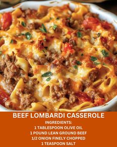 the beef lombari casserole recipe is shown in an orange and white bowl