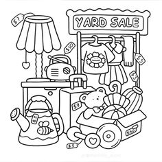 yard sale coloring page with teddy bears and toys