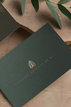 two business cards sitting on top of a marble table next to green plants and leaves