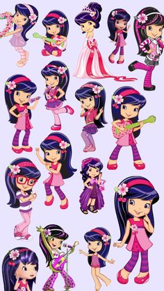 cartoon girls with different hair styles and colors, all in pinks and purples