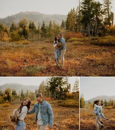 a man and woman are walking through an open field with mountains in the back ground