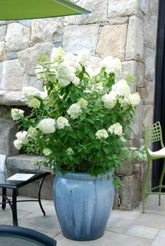 a blue vase filled with white flowers sitting on top of a stone floor next to a table