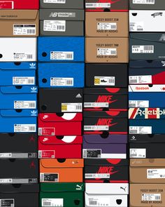 many different colored boxes stacked on top of each other with the words nike printed on them