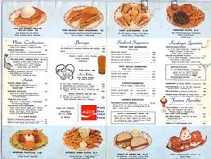 an old menu with many different foods on it