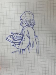 a drawing of a person sitting at a desk with a book in front of them