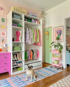 a pug dog sitting on the floor in front of a closet