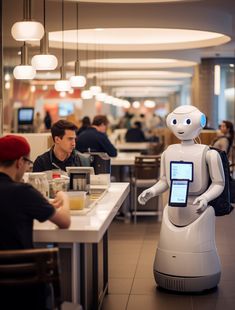 a robot sitting at a table in a restaurant