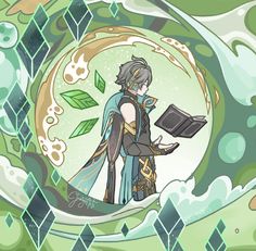 an anime character holding a book and standing in front of a green background with leaves