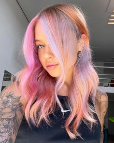 Easter Hair Color Ideas, Purple And Peach Hair, Blonde And Pink Color Block Hair, 2023 Vivid Hair Trends, Light Pink Money Piece Hair Brunette, Lavender And Peach Hair, Blonde Hair With Vivid Colors, Summer Color Hair, Peach And Pink Hair