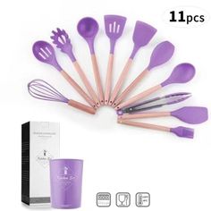 purple kitchen utensils and cups are shown with the package in front of them