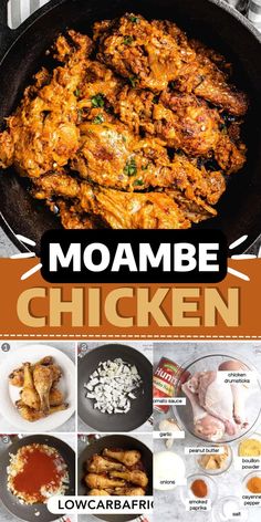 the recipe for moambe chicken in a skillet with ingredients and instructions to make it