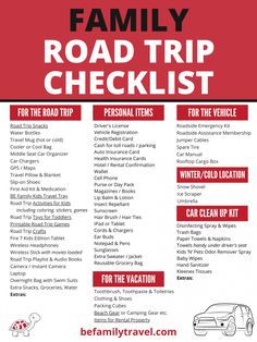 the family road trip checklist is shown in red and white, with an image of a