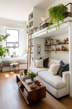 a living room filled with white furniture and lots of plants on top of the bookshelves