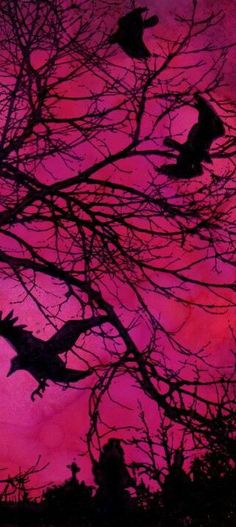 birds are silhouetted against the purple and pink sky as they fly through branches at dusk