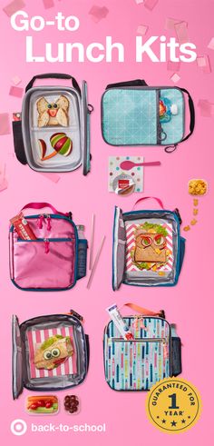 the back to school lunch kits are packed in pink and blue