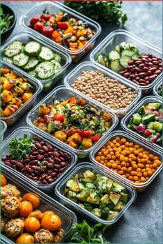 many different types of food in plastic containers on a table with text overlay that says,