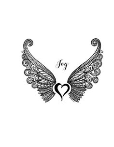 an angel wing with a heart in the middle and words joy written on it,