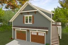 a two car garage with stairs leading up to the second floor and an attached porch