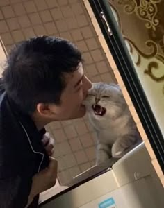 a man kissing a white cat in front of a mirror