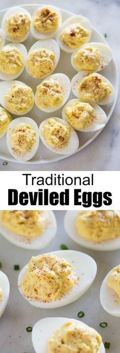 deviled eggs on a plate with the words traditional deviled eggs