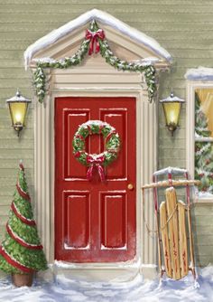 a painting of a red door with a wreath and sled in front of it