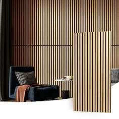 a chair and table in front of a wall with vertical slatted wood panels