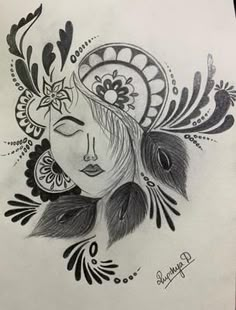 a drawing of a woman's face with feathers and flowers on her head, in black and white