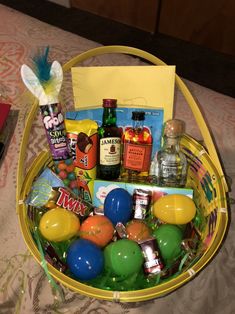 a yellow basket filled with lots of different items