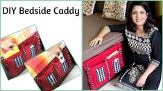 a woman sitting on top of a bed next to two suitcases with the words diy bedside caddy