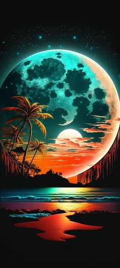 an image of a full moon with palm trees in the foreground and water below