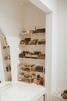 the shelves are filled with different types of beauty products