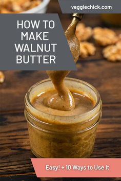 a jar filled with peanut butter on top of a wooden table