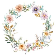 a watercolor wreath with flowers and leaves