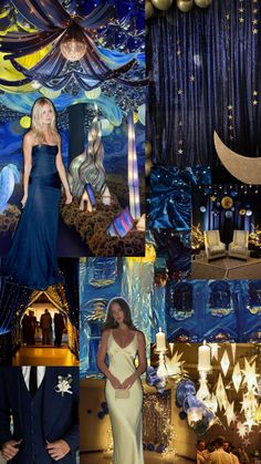 a collage of photos with blue, gold and white colors in the theme of beauty and the beast