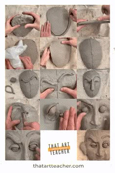 the art teacher's hands are working on clay faces and making them look like they have