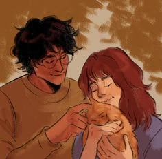 a man and woman holding a cat in their hands