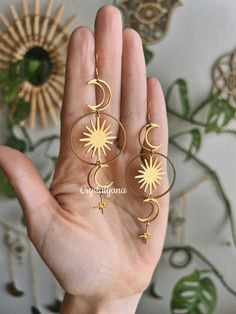 Hello my beautiful soul, I am currently in Thailand. All orders are still being processed as usual and each package will be sent with a tracking number.  If you have any questions, feel free to ask 🌞 Find me on Instagram: @crystalyanajewelry  Length: 3.75 inch = 9.5 cm Width: 1.2 inch = 3 cm Material: Brass, Stainless Steel  These earrings have been handmade by me with a lot of love and care, making them truly unique and one-of-a-kind. They are the perfect gift for anyone who loves the beauty a Unique Sun And Moon Design Earrings As Gift, Sun And Moon Headband, Sun And Moon Design Spiritual Earrings As Gift, Celestial Sun And Moon Dangle Jewelry, Mystical Sun And Moon Earrings As Gift, Mystical Sun And Moon Brass Jewelry, Celestial Sun And Moon Metal Earrings, Moon Headband, Celestial Gold Plated Moon Earrings