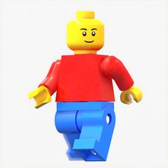 a lego man with a red shirt and blue pants is standing in front of a white background