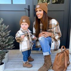 Mommy & Me, But Make It Carhartt Carhartt Beanies Are A Fall Staple For The Whole Family. The Classic Carhartt A18 Beanies Are Soft, Breathable, And Cozy. Match Your Little One For Family Outings Or Photoshots. It Will Be Your Go-To Beanie For The Cooler Seasons Born In 1987, The A18 Watch Hat Quickly Rose As An Icon. Originally Designed As A Workwear Essential, It Can Now Be Found At Construction Sites And Campgrounds, State Fairs, And Football Stadiums. Previously Known As The Acrylic Watch Ha Mommy Son Outfits, Mom And Son Outfits, Baby Boy Fall Outfits, Mom And Baby Outfits, Boys Fall Outfits, Mom And Daughter Matching, Mommy And Son, Plaid Shirts