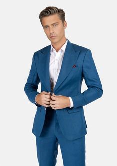 The Hudson Marine Blue Linen Suit is the perfect expression of summer luxury. Crafted from 100% linen in a vibrant marine blue hue, this custom suit will make an elegant statement wherever you wear it. Perfect for hot summer days, its lightweight fabric will keep you looking sharp while feeling cool and comfortable. Blue Linen Business Blazer, Blue Linen Blazer For Business, Blue Linen Blazer For Workwear, Blue Linen Blazer For Semi-formal Occasions, Blue Linen Single Breasted Suit, Blue Single-breasted Linen Suit, Fitted Blue Linen Blazer, Blue Linen Single-breasted Suit, Luxury Summer Blazer