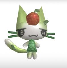 an image of a cat that is holding an apple on it's head and wearing a green dress