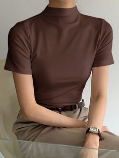 Solid Mock Neck Tee Brown Casual  Short Sleeve Fabric Plain  Slight Stretch  Women Clothing, size features are:Bust: ,Length: ,Sleeve Length: Patch Blouse, Navy Striped Shirt, Mock Neck Shirt, Tshirt Outfits, Women T Shirts, Navy Shirt, Kids Beachwear, Long Sleeve Sweatshirts, Look Fashion