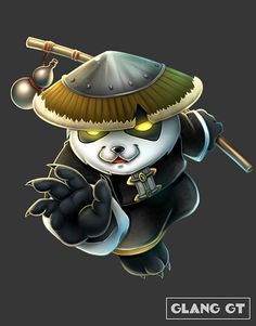 a cartoon panda bear wearing a hat and holding a baseball bat in its right hand