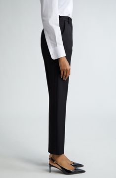 Inspired by the rich imagery of 1960s Sicily, these wool-blend gabardine trousers boast a clean, tailored silhouette and straight legs cropped at the ankle. Zip fly with button closure Front slant pockets; back welt pockets 89% virgin wool, 9% silk, 2% polyester Dry clean Made in Italy Designer Clothing Elegant Pants With Pressed Crease And Straight Silhouette, Straight Silhouette Dress Pants With Belt Loops For Office, Elegant Straight Silhouette Pants With Pressed Crease, Elegant Straight Pants With Pressed Crease, Elegant Evening Suits With High-waisted Pants, Elegant Formal Pantsuit With High-waisted Pants, Elegant High-waisted Pantsuit For Formal Occasions, Elegant Evening Bottoms With Straight Silhouette, Elegant Straight Silhouette Bottoms For Evening